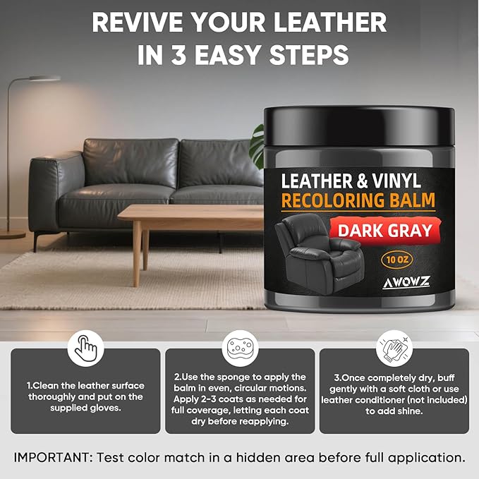 Leather Recoloring Balm - Scratch Repair & Color Restore Kit for Faded Leather, Leather Couch & Car Seats - 10OZ Leather Restorer Balm for Furniture, Auto Interior, Vinyl, Accessories (Dark Gray)