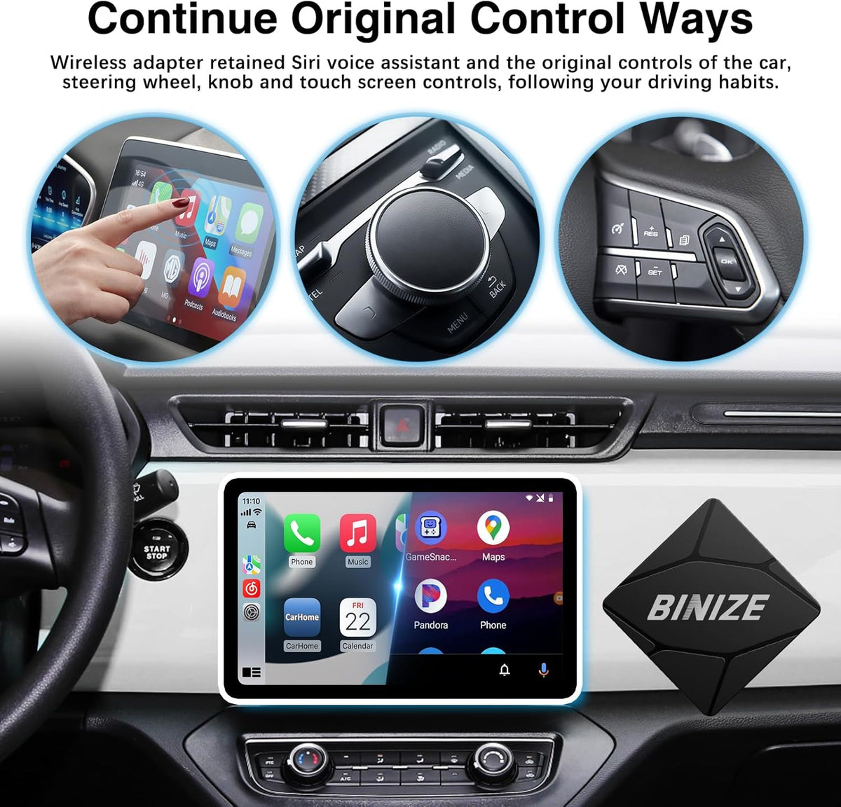 Binize Wirelss Carplay Adapter, Carplay Wireless Dongle for Factory Wired CarPlay Cars to Convert Wired to Wireless, Plug&Play, Latest BT 5.2, Fast WiFi 5.8GHz, USB/Type-C 2Cables
