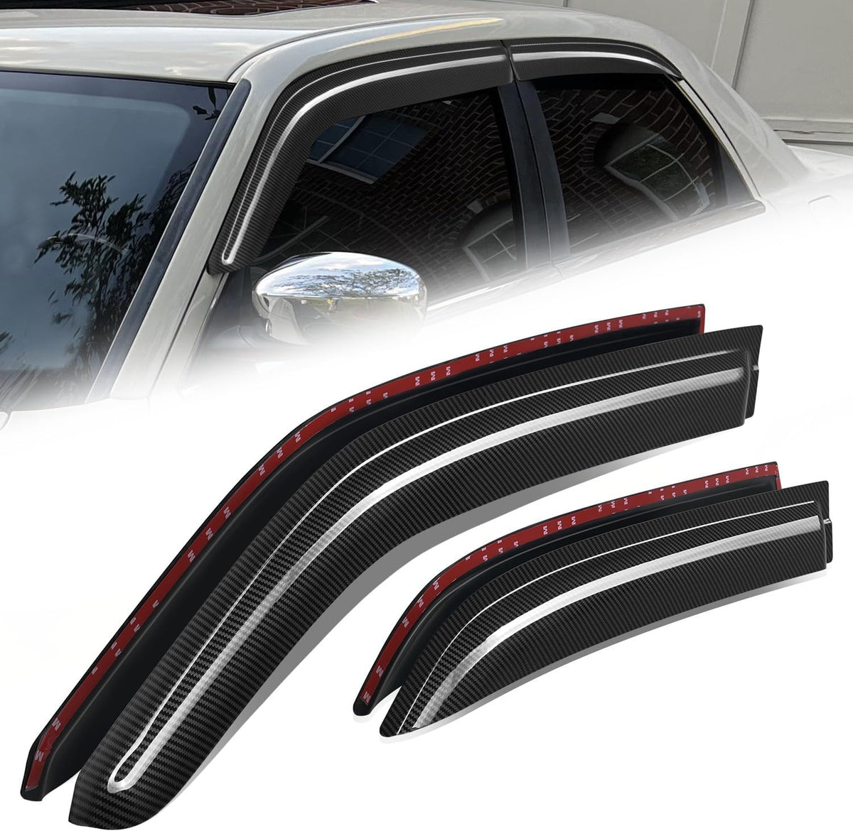 Auto Dynasty 4Pcs Carbon Fiber Pattern Window Visors Compatible with 2005 2006 2007 2008 2009 2010 Chrysler 300 Dodge Magnum, Tape-On Front & Rear Window Deflectors, Glossy Dark Smoke