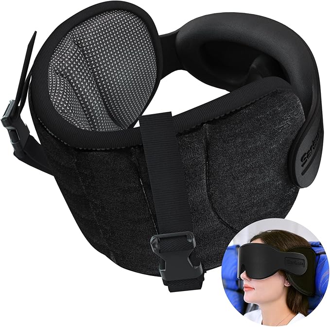 Travel Pillows for Airplanes, Airplane Pillow for Long Flight Car Road Trip, Airplane Head Strap with Sleep Eye Mask, 360° Support Headrest, Stop Bobblehead Travel Neck Pillow, Mottled Black