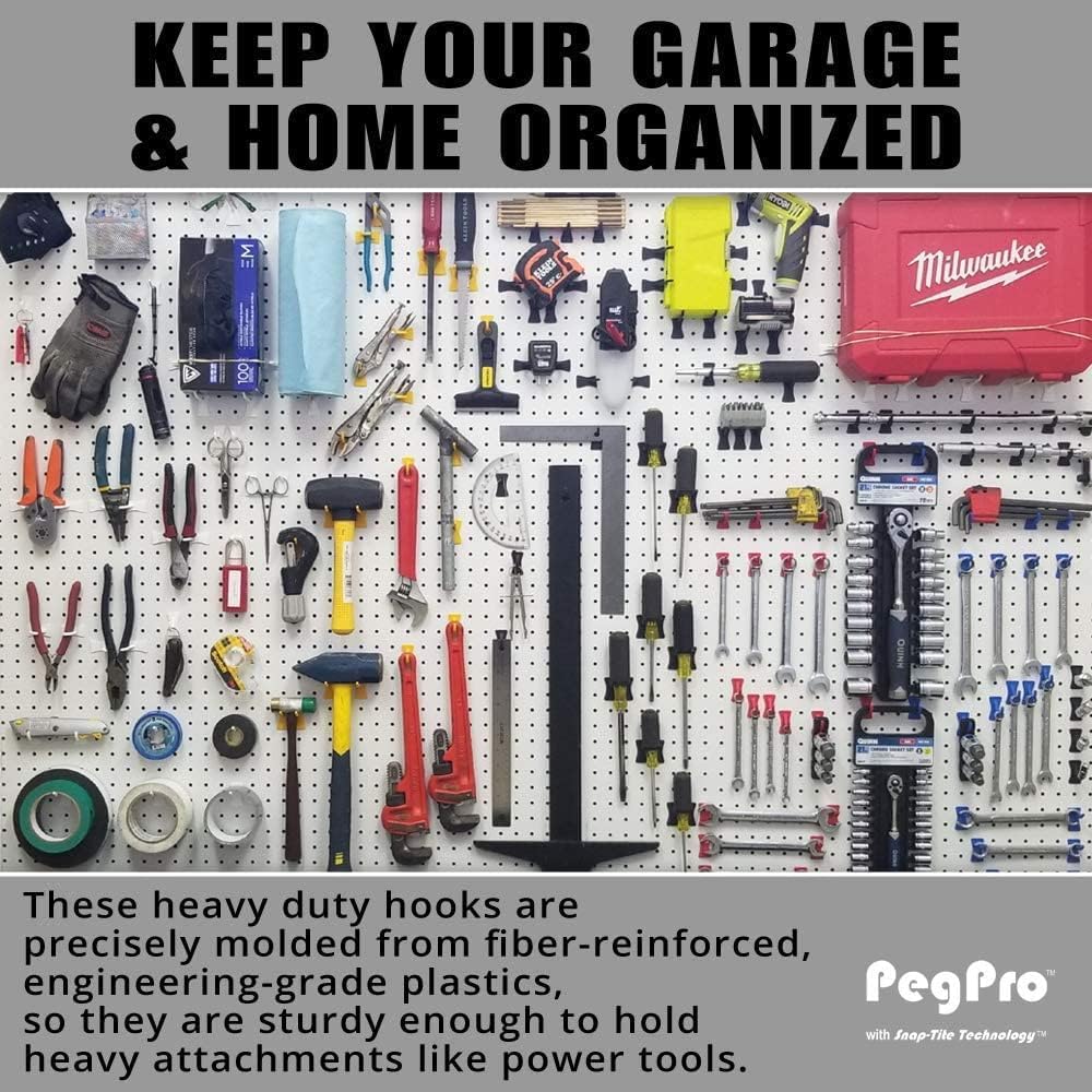PegPro® J Hooks Kit for Standard “Wood Fiber” pegboard – Durable Plastic Pegboard Hooks - for Garage, Kitchen, Craft Room, and More (J Hook - 24 Pack, Red)