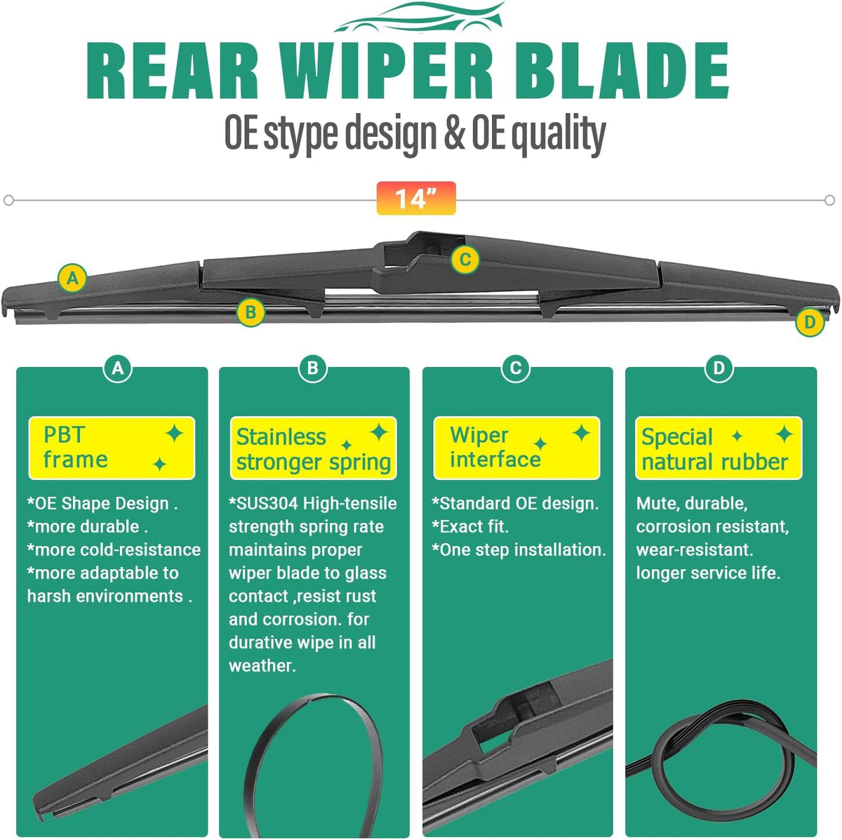 24" 18" 14" Windshield Wiper Blades Replacement for Hyundai Santa Fe 2007 2008 2009 2010 2011 2012 Premium All Weather Front Rear Wipers Set - OEM Quality (Pack of 3)
