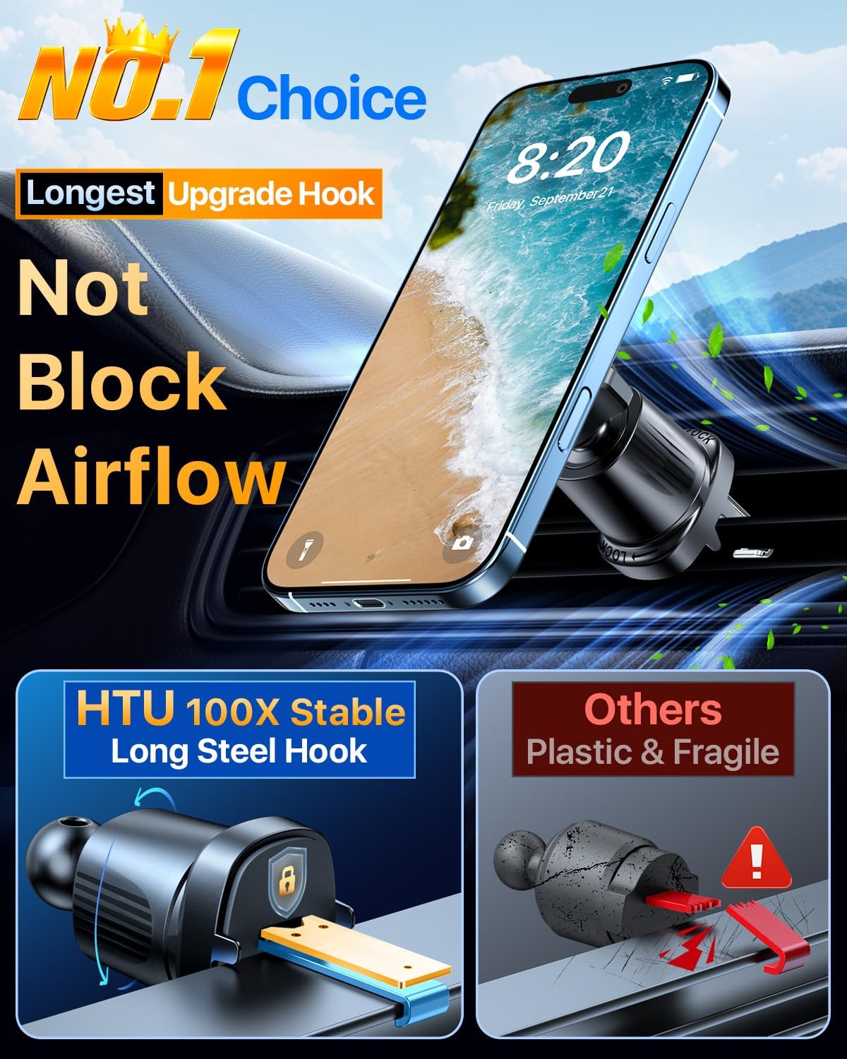 HTU for MagSafe Car Phone Mount Magnetic Phone Holder for Windshield Vent Dashboard Magnetic Suction Phone Mount for iPhone 16/15/14/13/12 & Android (Amparo Blue)