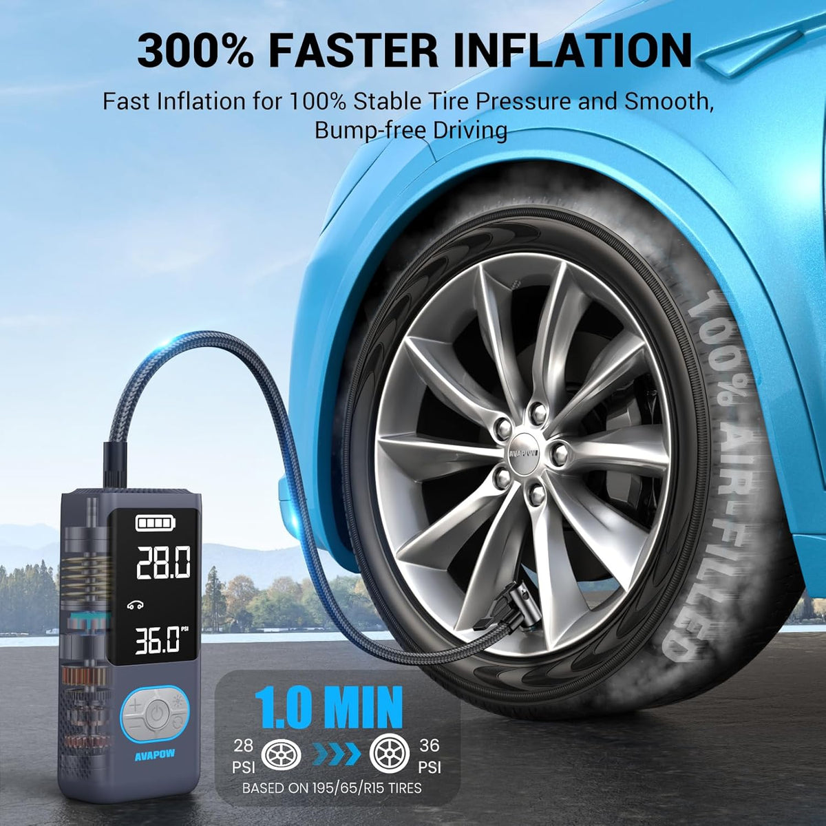 AVAPOW AP18 Tire Inflator Portable Air Compressor, 300% Faster 150 PSI Cordless Air Pump with Tire Pressure Gauge, 3.7″ Dual LCD Screen, Auto-Shuts Off Tire Pump for Car, Motorcycle, Bicycle, Purple