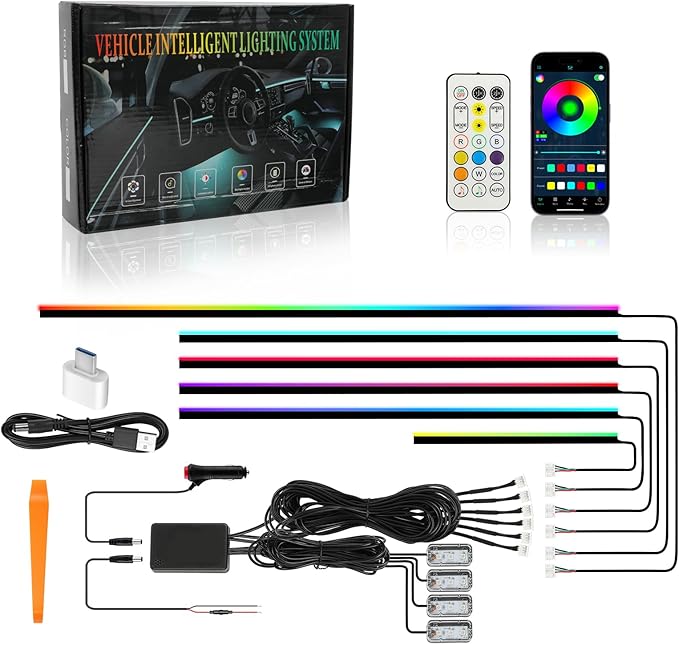 Interior Car LED Strip Lights with APP&Remote Control RGB 10 in 1 Ambient Lighting Kits Fiber Optic Strip LEDs,16 Million Colors,Music Sync Car Neon Lights for Cars,SUVs,Trucks