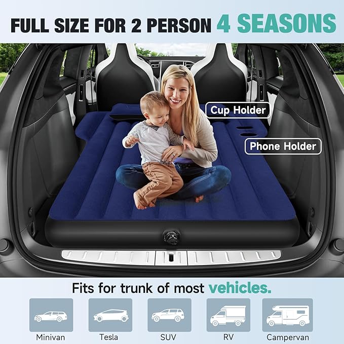 SUV Air Mattress: Inflatable Car Air Mattress for Camping, Portable Car Bed with Air Pump & 2 Pillows, Flocking Sleeping Pad Mattress for Home Car Travel Camping, Navy