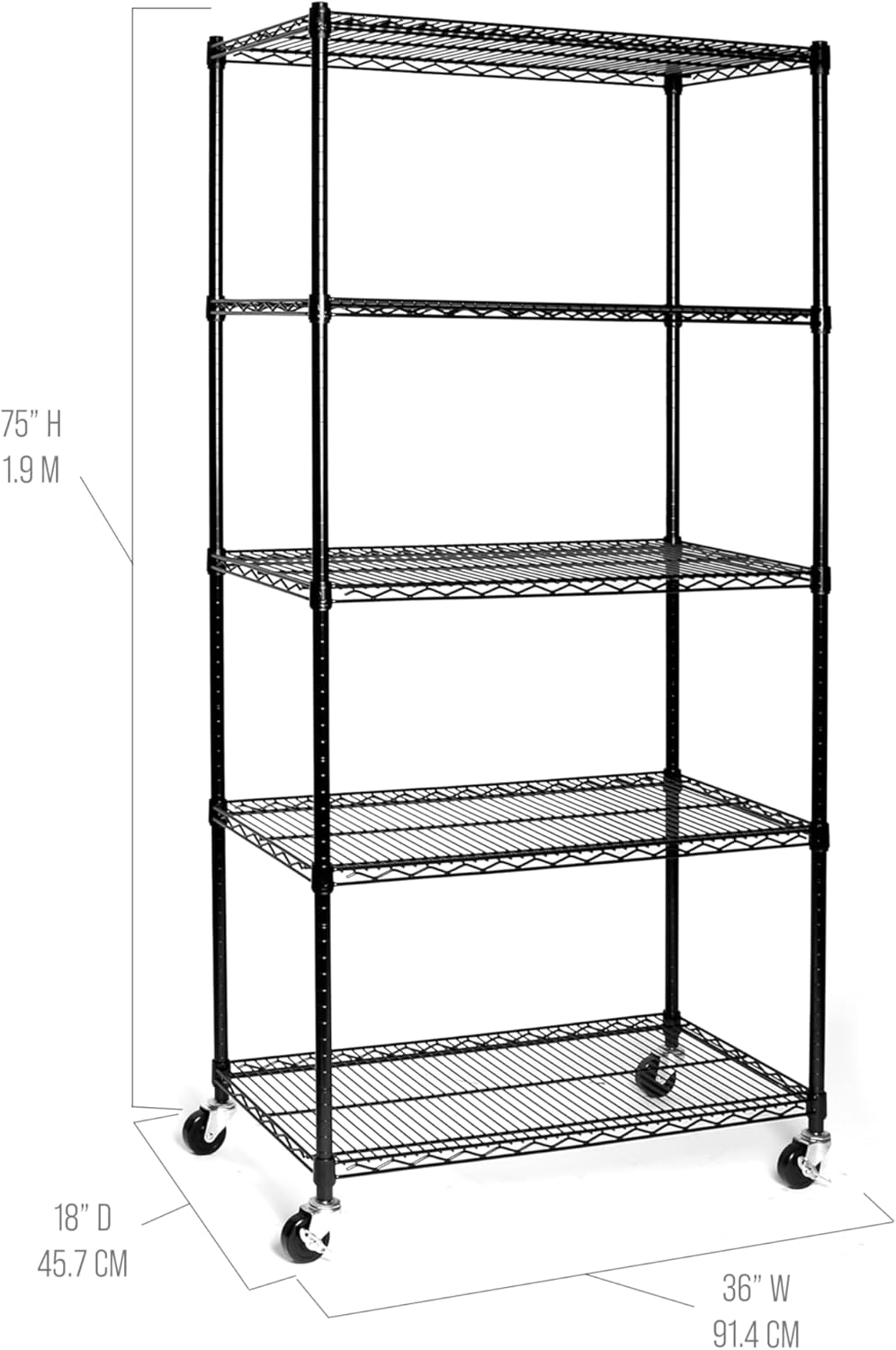 Seville Classics UltraDurable Heavy Duty NSF Solid Steel Wire Rack Storage Unit, Organizer for Garage, Warehouse, Office, Restaurant, Classroom, Kitchen, Black, 5-Tier Shelving, 36" W x 18" D