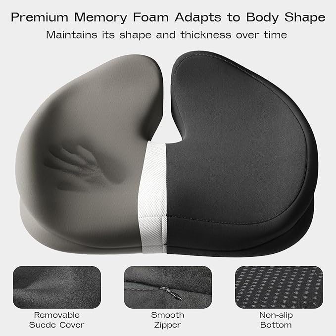 Seat Cushions for Office Chairs - Patented Coccyx Cushion for Tailbone Pain - 21.2" W x 16.5" L Memory Foam Extra Large Seat Cushion, Removable & Machine Washable Cover (Black)