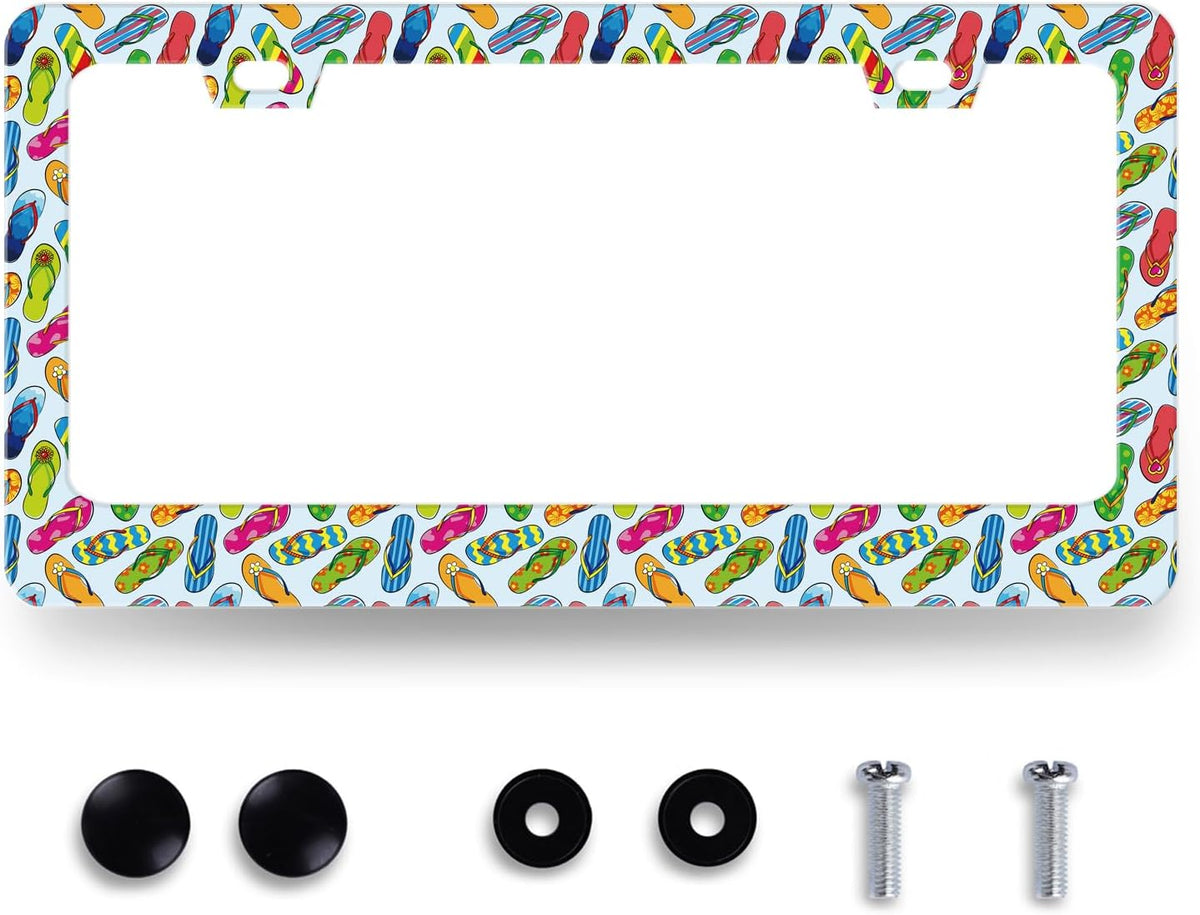 Flip Flops License Plate Frame Beach License Plate Holder Stainless Steel Colorful License Plate Car Accessory Funny License Plate Decoration Men Women Size 12.2" x 6.2" with Screws