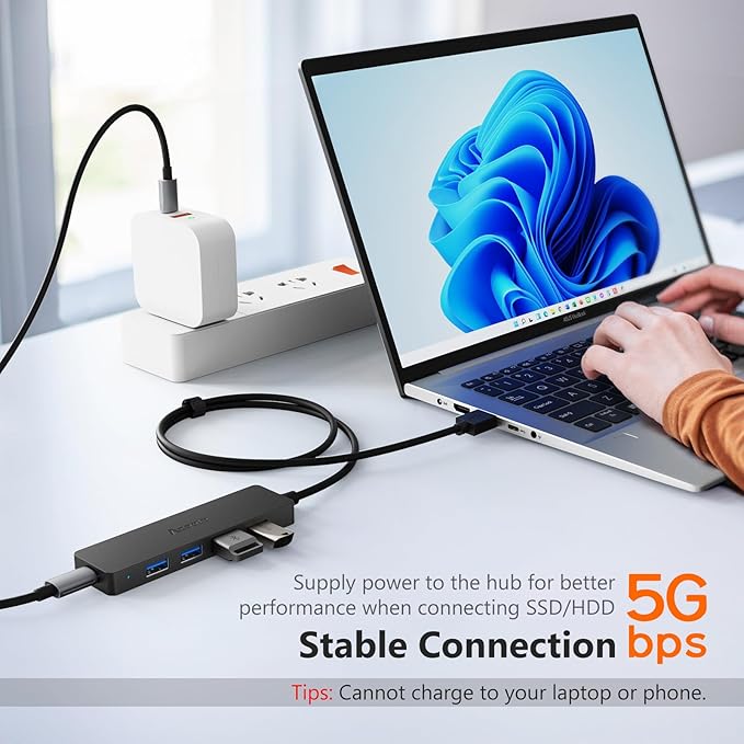Aceele USB Hub 3.0 Splitter with 4ft Extension Long Cable Cord, 4-Port Ultra-Slim Multiport Expander with Type-C Power Port, USB Extender for Desktop, Computer, PC, Laptop, iMac, PS4 and More