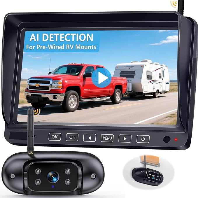 Wireless Backup Camera for Trailer - 7" 1080P RV Backup Camera with 4-Channel Split-Screen Monitor, AI Detection, Night Vision, Loud Beeps, Plug & Play, Compatible with Furrion Pre-Wired RVs