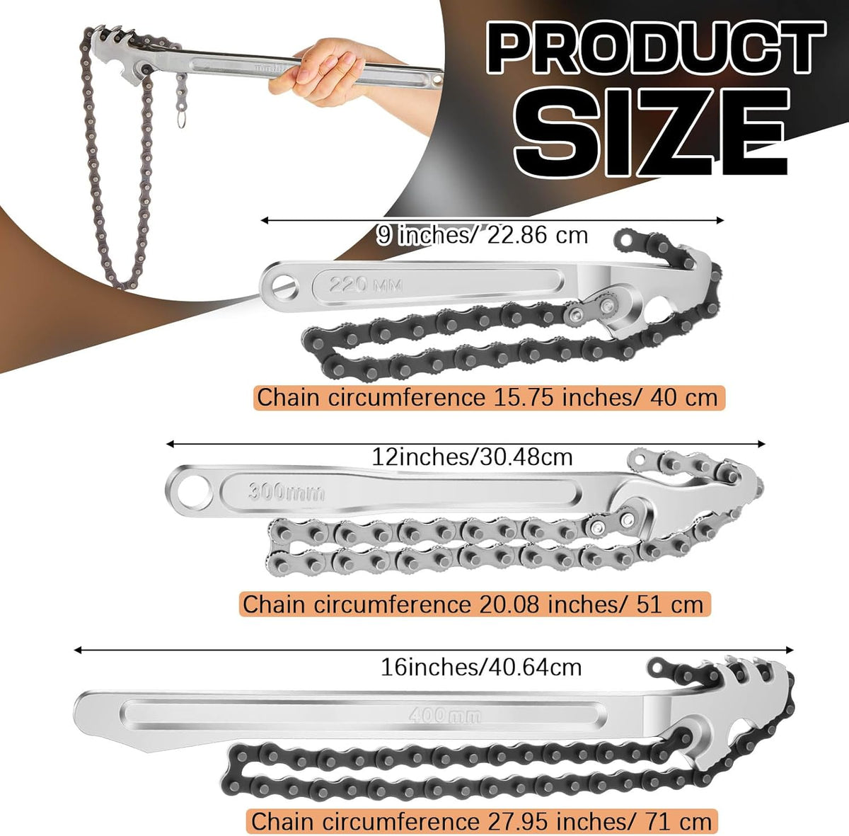 Lasnten 3 Pcs Large Reversible Chain Oil Filter Wrench with 12 16 9 Inch Chain Wrench Adjustable Heavy Duty Carbon Steel Sturdy Pipe Fitting Tool Spanner for Ratcheting Universal(Silver)