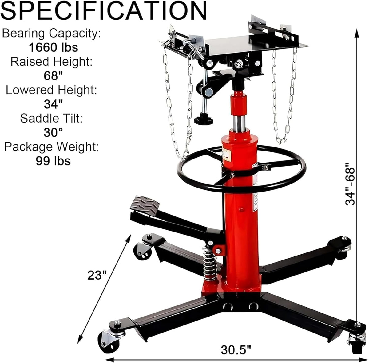 Transmission Jack 1660 lbs/ 0.75 Ton Capacity Hydraulic Telescopic Transmission Jack 34" - 68" Adjustable Height Telescoping Transmission Hydraulic with 360° Swivel Wheels Lift Hoist