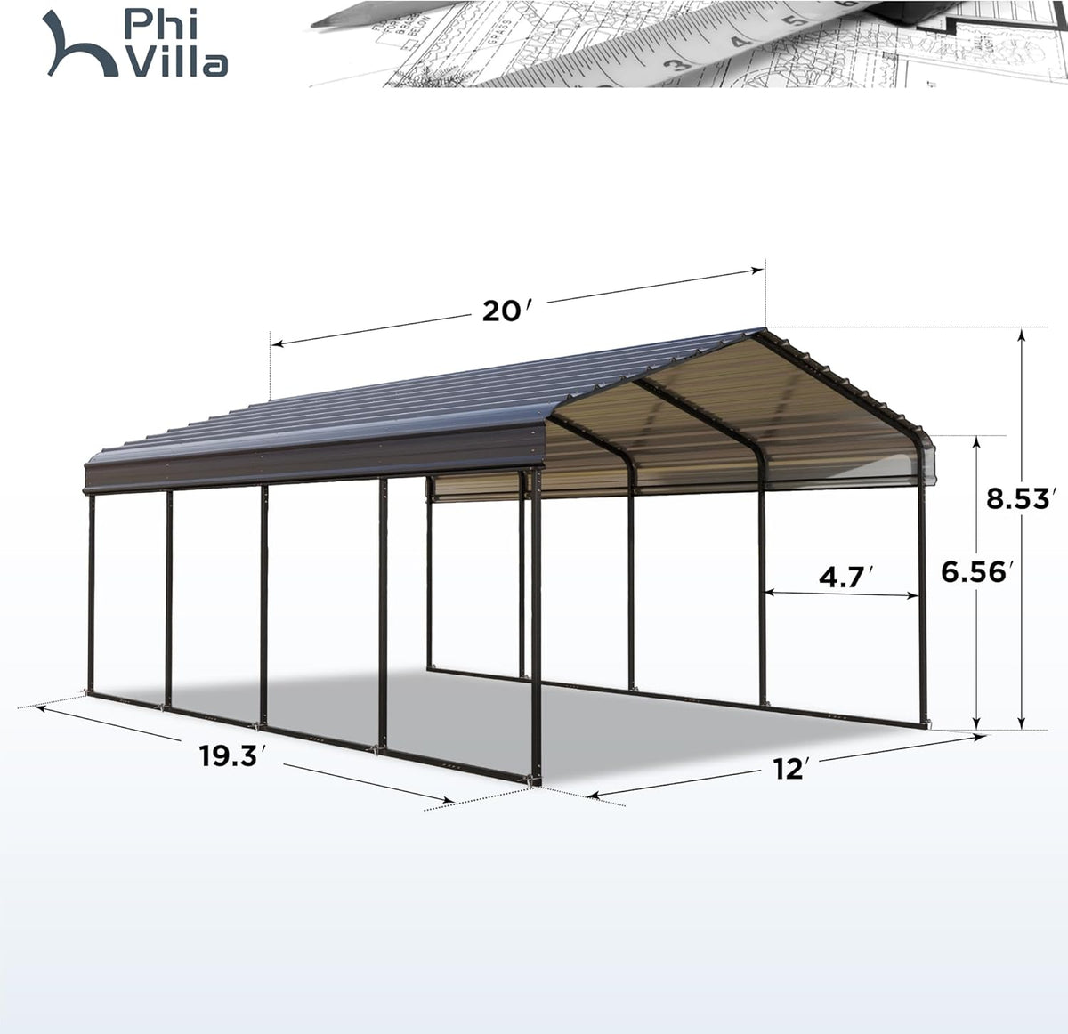 PHI VILLA 12 x 20 ft Carport Metal Carports with Galvanized Steel Roof, Sturdy Heavy Duty Metal Carport for Cars, Boats, and Tractors