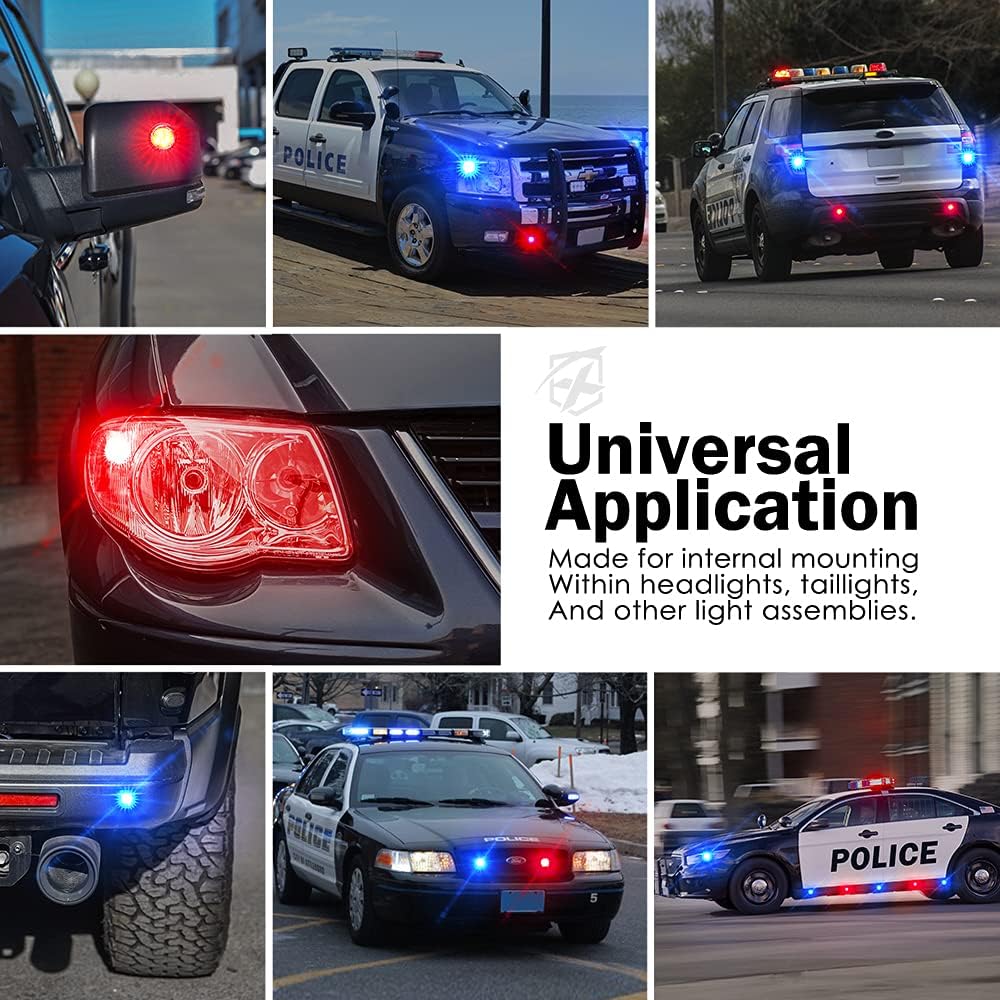 Xprite Red Blue LED Hideaway Strobe Police Lights Kit, 20 Flashing Patterns w/Control Panel for Headlights Taillights Hazard Warning Mounting, for Emergency Vehicles Volunteer Cop Cars Trucks 6PCS