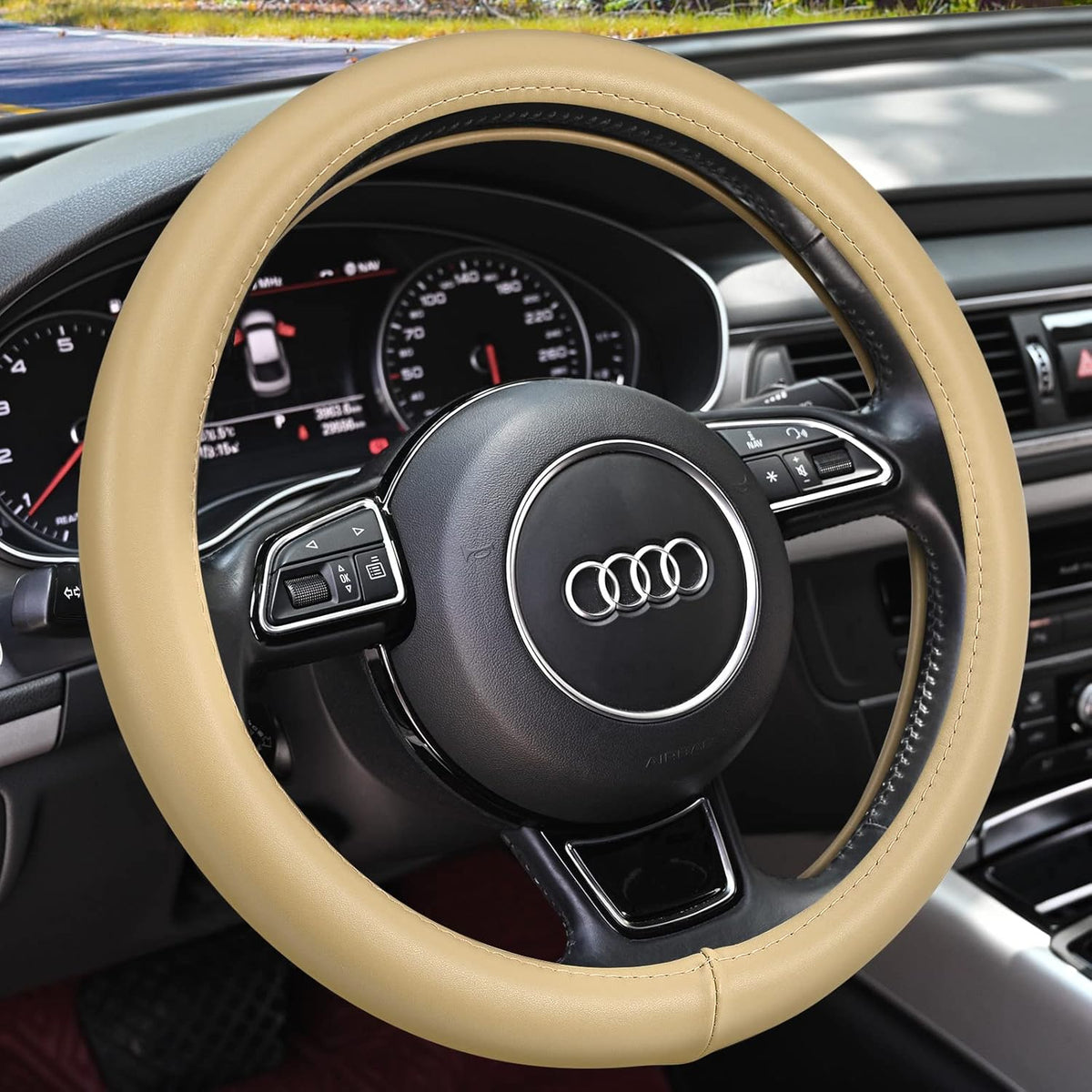 Haokay Heavy Duty Pure Cowhide Steering Wheel Cover SUV Car, Beige Genuine Leather Steering Wheel Cover Men Women Universal 14.5 to 15 Inch