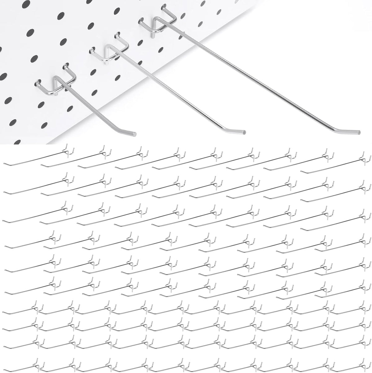 100 Pack Pegboard Hooks Heavy Duty 4 6 8 Inch Pegboard Hooks 1/8 Stainless Steel Peg Board Shelving Hanging Tool Pegs Organizer Accessories Kit for Garage Kitchen Store Craft Organizing Wall Storage