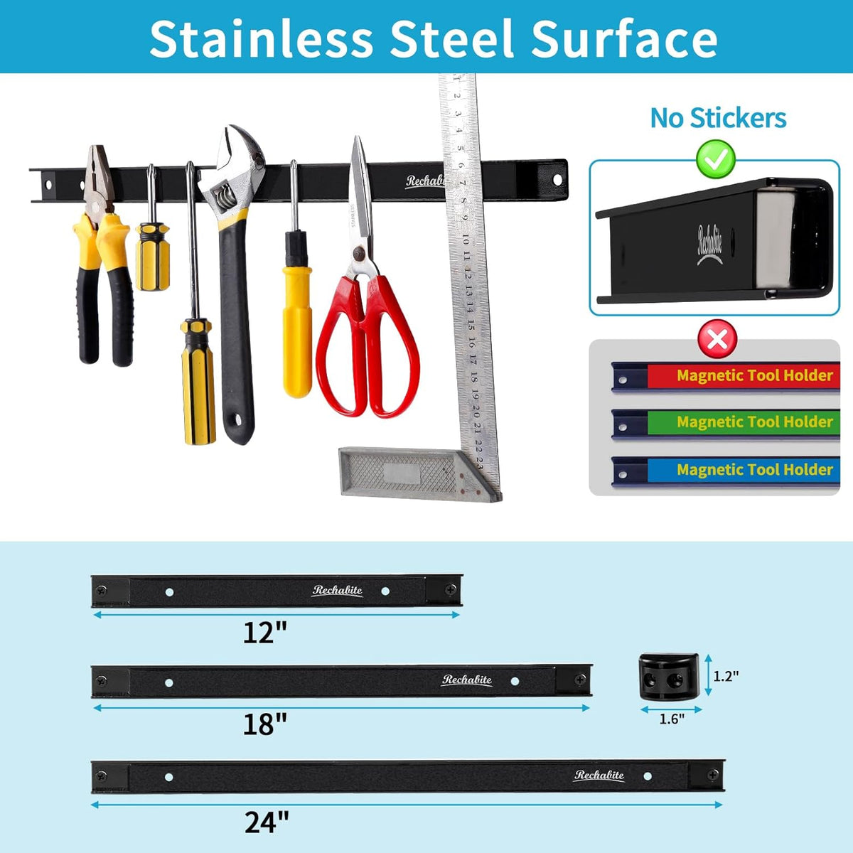 4 Pieces 18" Magnetic Tool Holder Strip, Black Magnet Bar, Metal Tool Organizer Rack for Garage Organization, Easy To Install in Workshop, Mounting Screws Included