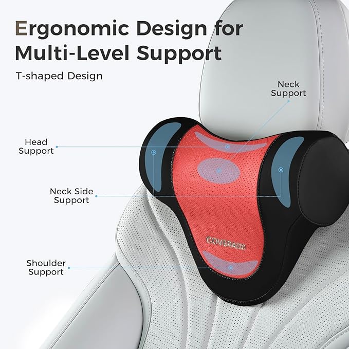 Coverado Car Headrest Pillow, Ergonomic Memory Foam Car Neck Pillow for Driving Seat with Adjustable Strap, Soft PU Leather Breathable Removable Cover Neck Support for Neck Pain Relief, BlackRed