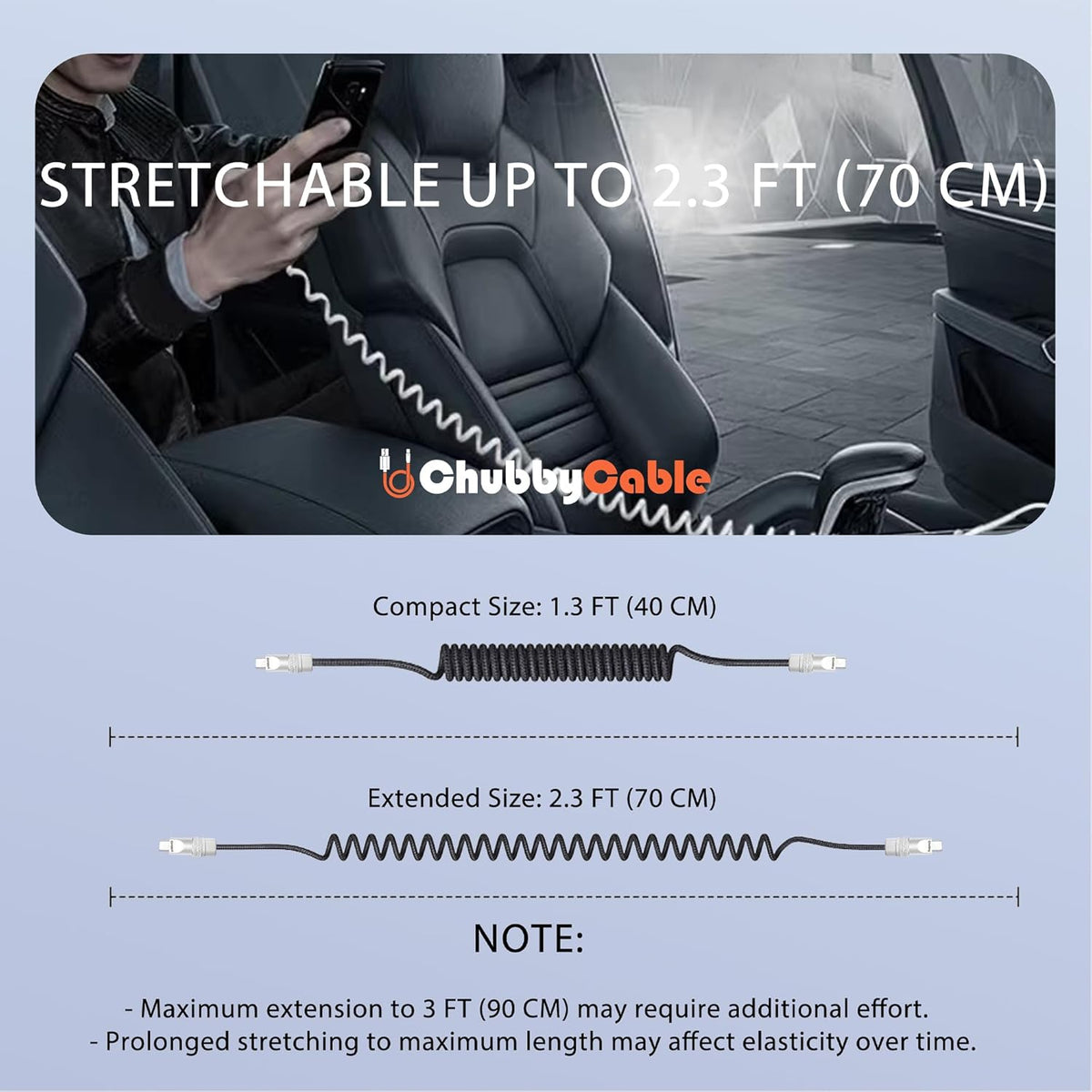 chubbycable Curly Chubby - Retractable Fast Charging Cable 240W Coiled Charger Cord for Car Durable USB-C Cable for Phones, Tablets and More, Purple, Type-C to Type-C, 1.3FT-2.3FT