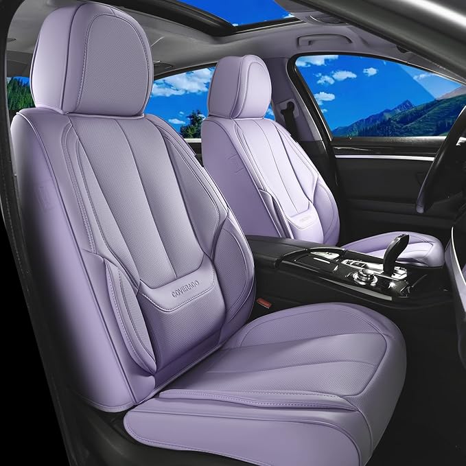 Coverado Car Seat Covers Full Set, Seat Covers for Cars, Car Seat Covers Front Seats and Back Car Seat Protector Waterproof, Leather Car Seat Cushion Universal Fit for Most Cars Purple