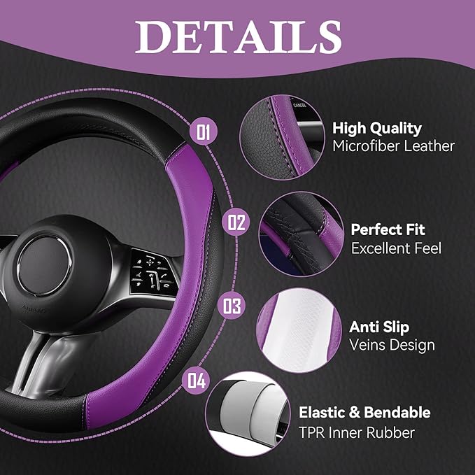 CAR PASS Faux Leather Steering Wheel Cover and Waterproof Car Floor Mats,Universal Car Combo Fit for 95% Sedan,SUV,Cars,14.5-15inch Sporty Anti-Slip Safety Comfortable Design(Black＆Purple)