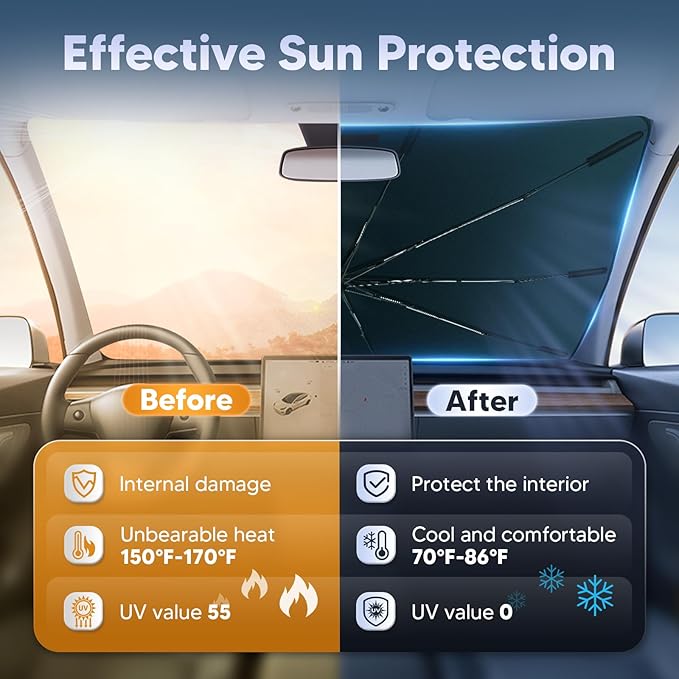 Autorder Windshield Sun Shade Umbrella for 2018-2024 Toyota Camry Accessories,Upgraded Ice Crystal Material,Easy Setup Umbrella Sunshade for Car Windshield,100% Sun Blocking