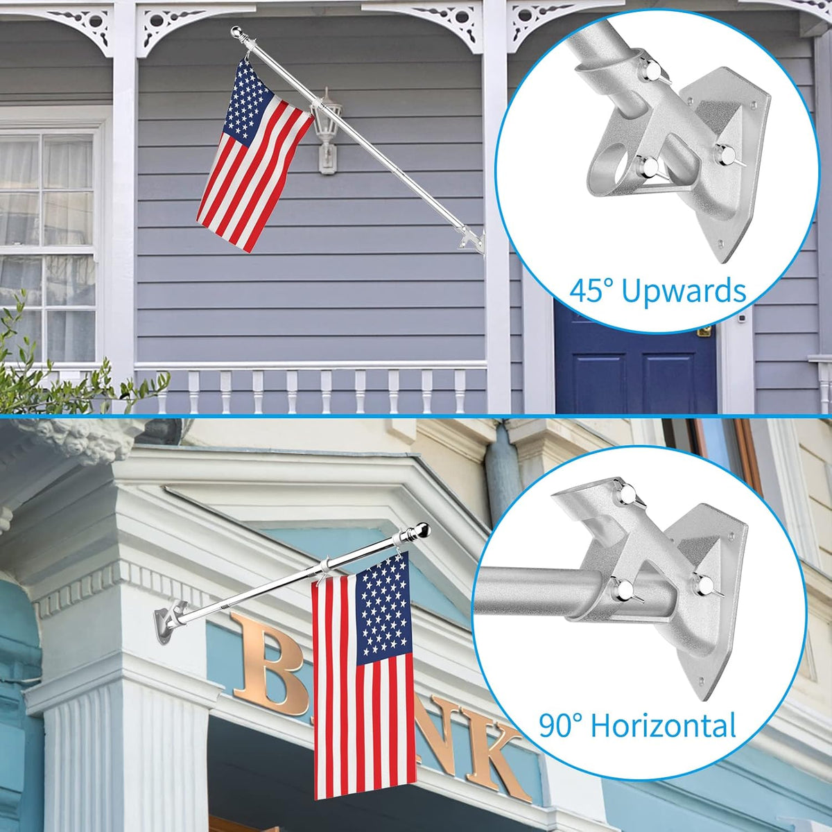 ZMTECH Flag Pole - Upgraded Bracket, (2 Packs) 6 FT Stainless Steel Flag Poles for Outside House, Residential or Commerical, Tangle Free Flag Pole Kit for American Flag (Without Flag, Silver)