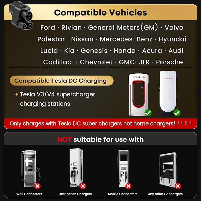 NACS to CCS Adapter, 500A/1000V fit for V3/V4 Tesla Supercharger, Nacs DC Adapter Compatible with Ford, Rivian, GM, Volvo, Polestar, Nissan, Mercedes-Benz, Hyundai, Lucid, Kia, Genesis