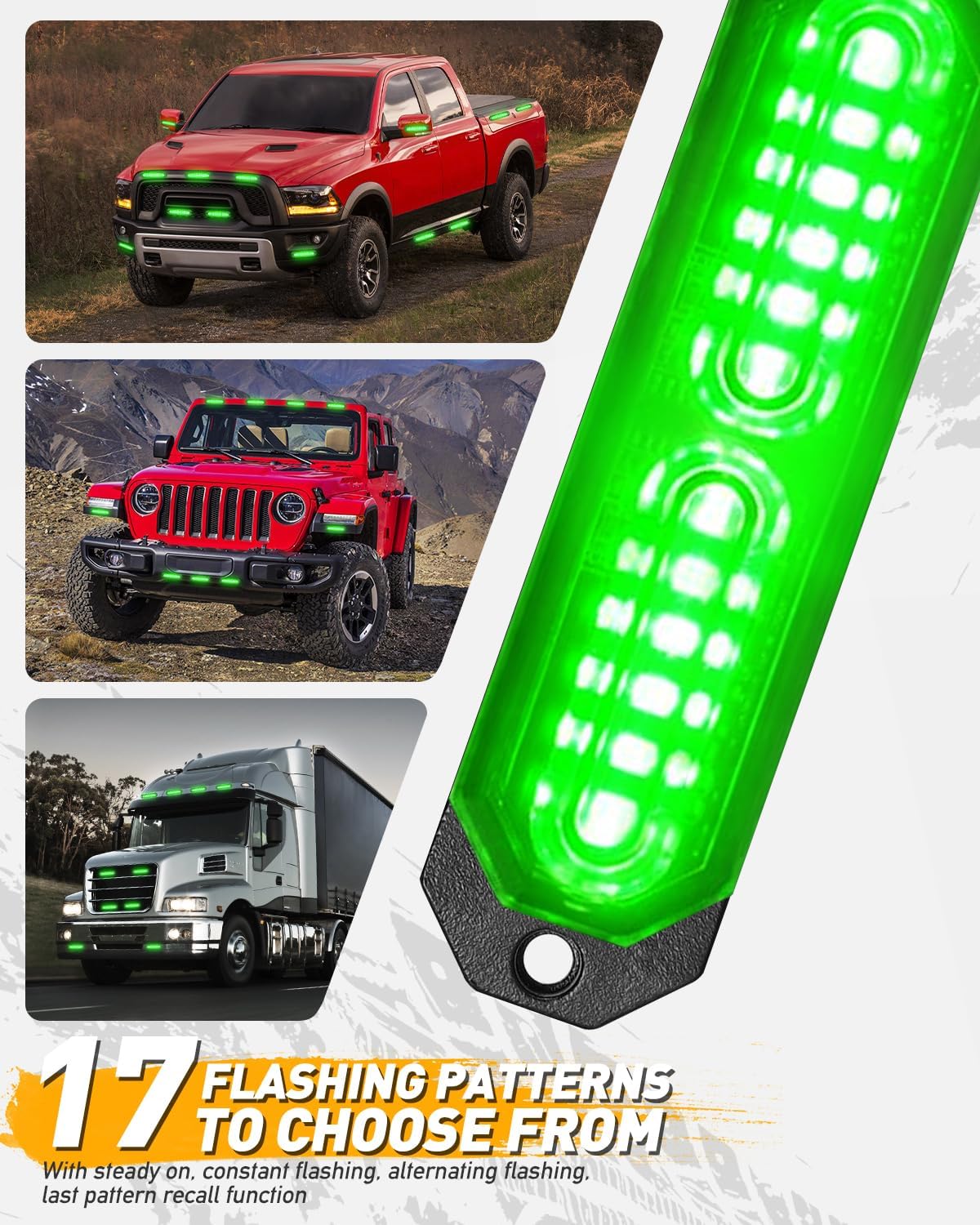 HLauto 1200T Emergency Strobe Grille Lights: 8pcs 12 LED Sync Feature Safety Warning Flashing Lights, Ultra Slim Surface Mount Hazard Caution Lights for Trucks, Vehicles, Car, ATV, UTV (Green)