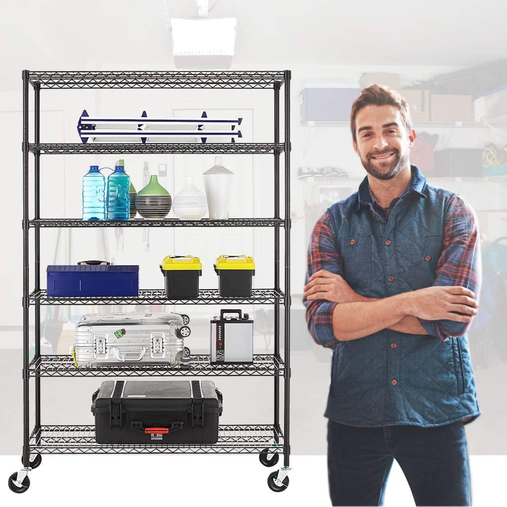 BestOffice NSF Wire Shelving Unit 6-Shelf Large Storage Shelves Heavy Duty Metal Wire Rack Height Adjustable Commercial Grade Utility Storage Rack on 4" Casters 6000LB Capacity 18x48x76,Black