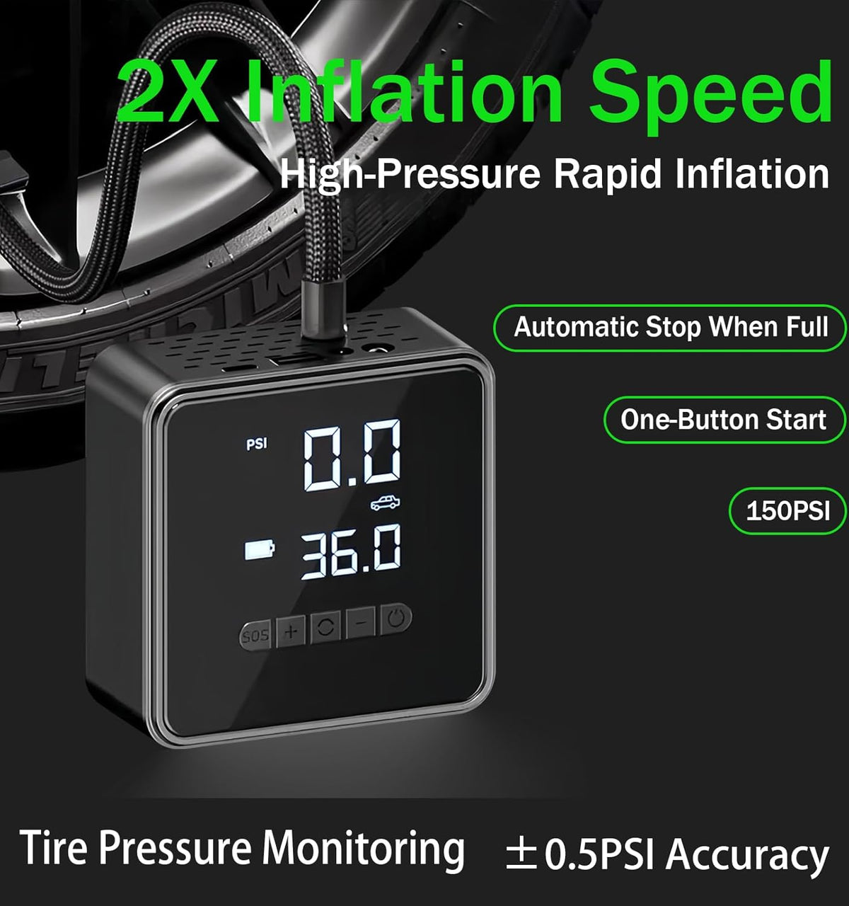 Tire Inflator Portable Air Compressor - 150 PSI Air Pump for Car Tires - 2X Faster Inflation, Smart Pump Tire Inflator for Cars, Motorcycles, Bicycles, Balls