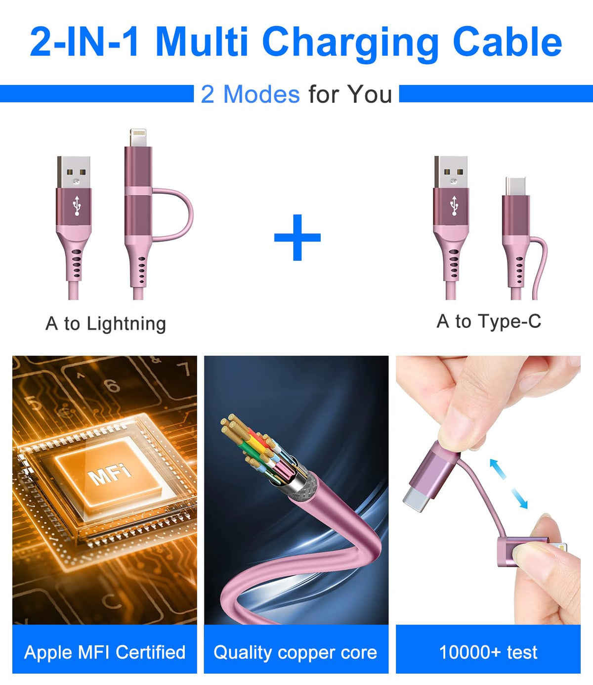 USB to USB C and Lightning Pink Car Charger Cable - Pink iPhone Charger Coiled Lightning Cable Type-C Charging Cord Support Apple Carplay & Android Auto & Data, for iPhone 16 15 14 13 12 11 Android