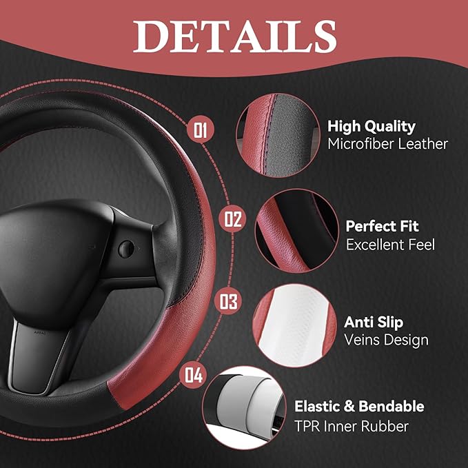CAR PASS Faux Leather Steering Wheel Cover and Waterproof Car Floor Mats, Universal Car Combo Fit for 95% Sedan,SUV,Cars, 14.5-15inch Sporty Anti-Slip Safety Comfortable Design Burgundy
