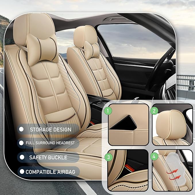 Leather Car Seat Covers Fit for Toyota Sienna 1997-2024, 5 Seater Car Seat Cover, Premium Waterproof, Scratch Resistant Car Interior Accessories (Full Set with Pillow Beige)