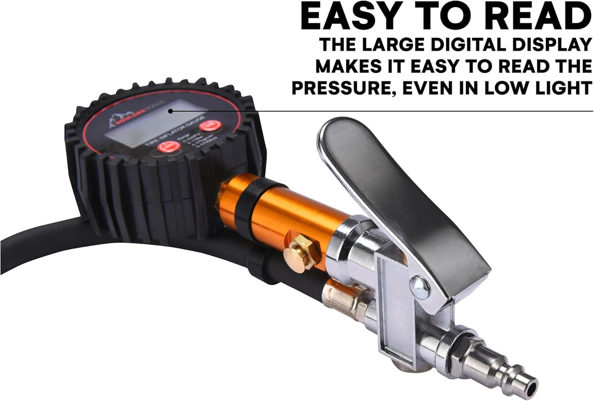 Boulder Tools Tire Pressure Gauge with Inflator - Heavy Duty 0-250 PSI LED Digital Tire Inflator Gauge with Air Chuck Lock, Bleed Valve - Air Compressor Accessories for Car, Motorcycle, Bicycle Tires
