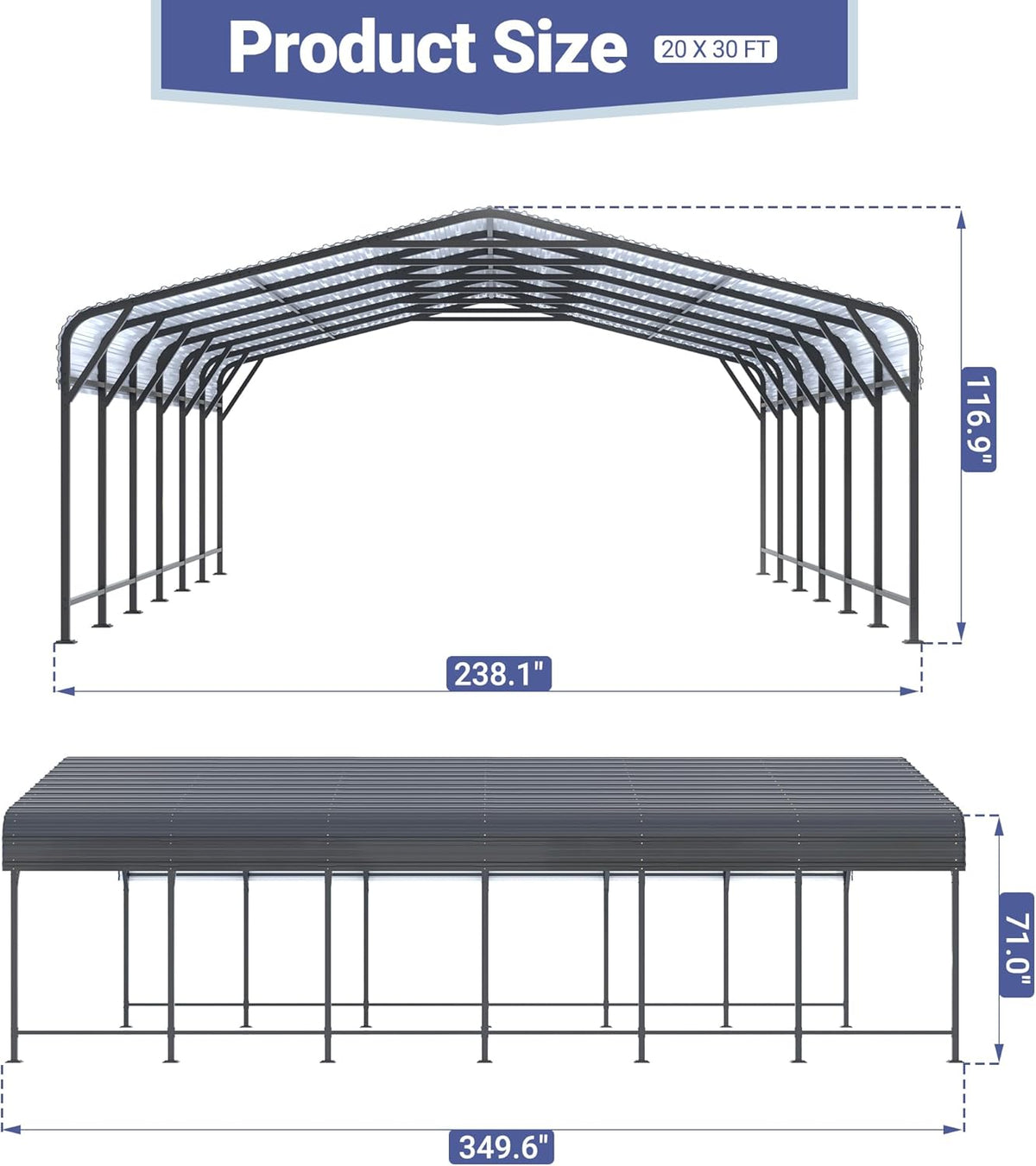 Polar Aurora 20x30 FT Metal Carport with Heavy Duty Carport Canopy, Car Port with Upgraded Support Framework and Reinforced Base, Car Garage Shelter for Car, Boats and Truck