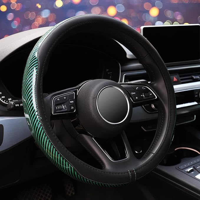 ZHOL Carbon Fiber Steering Wheel Cover, Universal 15 Inch Microfiber Leather Auot Car Steering Wheel Cover for Women Men, Anti-Slip, Black&Green
