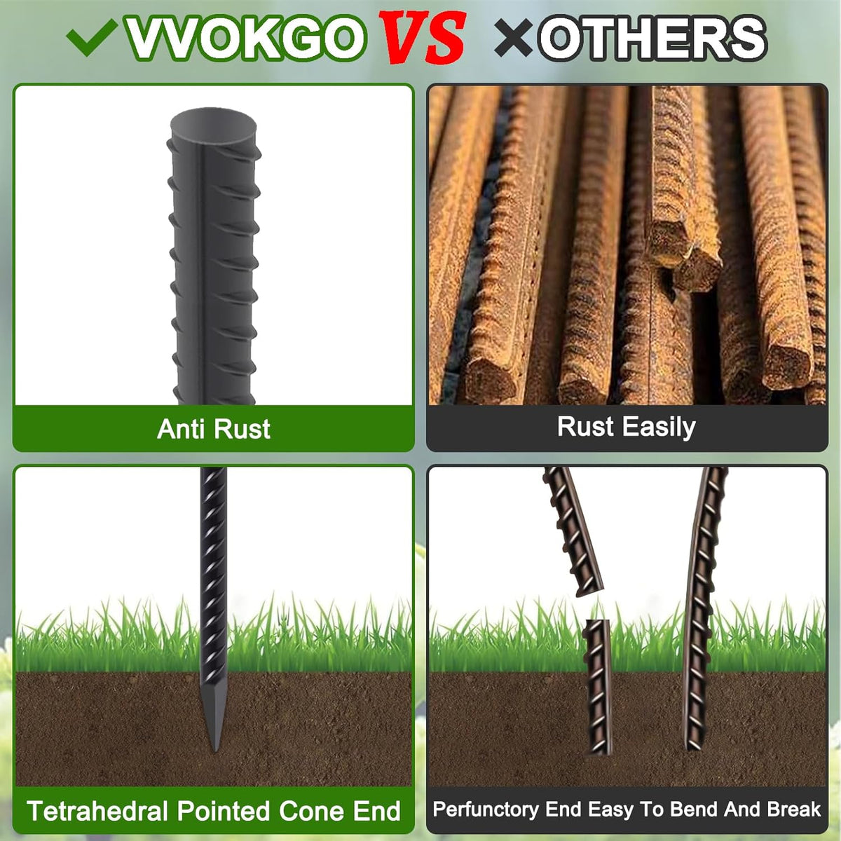 VVOKGO Rebar Stakes 24 Inch Ground Straight Concrete Form Stakes Heavy Duty (24pcs), 3/8" Diameter Metal Steel Spikes Anchors with Chisel Point End for Plant Support, Garden Border,Landscape Edging