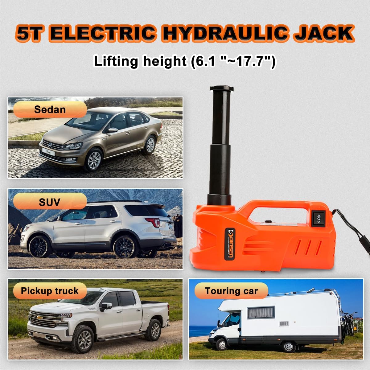 Electric Car Jack, Hydraulic Car Jack, 5 Ton/11023 LBS Electric Car Jack, (Lifting Range: 6.1~17.7 inch) DC12V, with Plastic Packaging Box, for SUV MPV Sedan Truck Change Tires Garage Repair