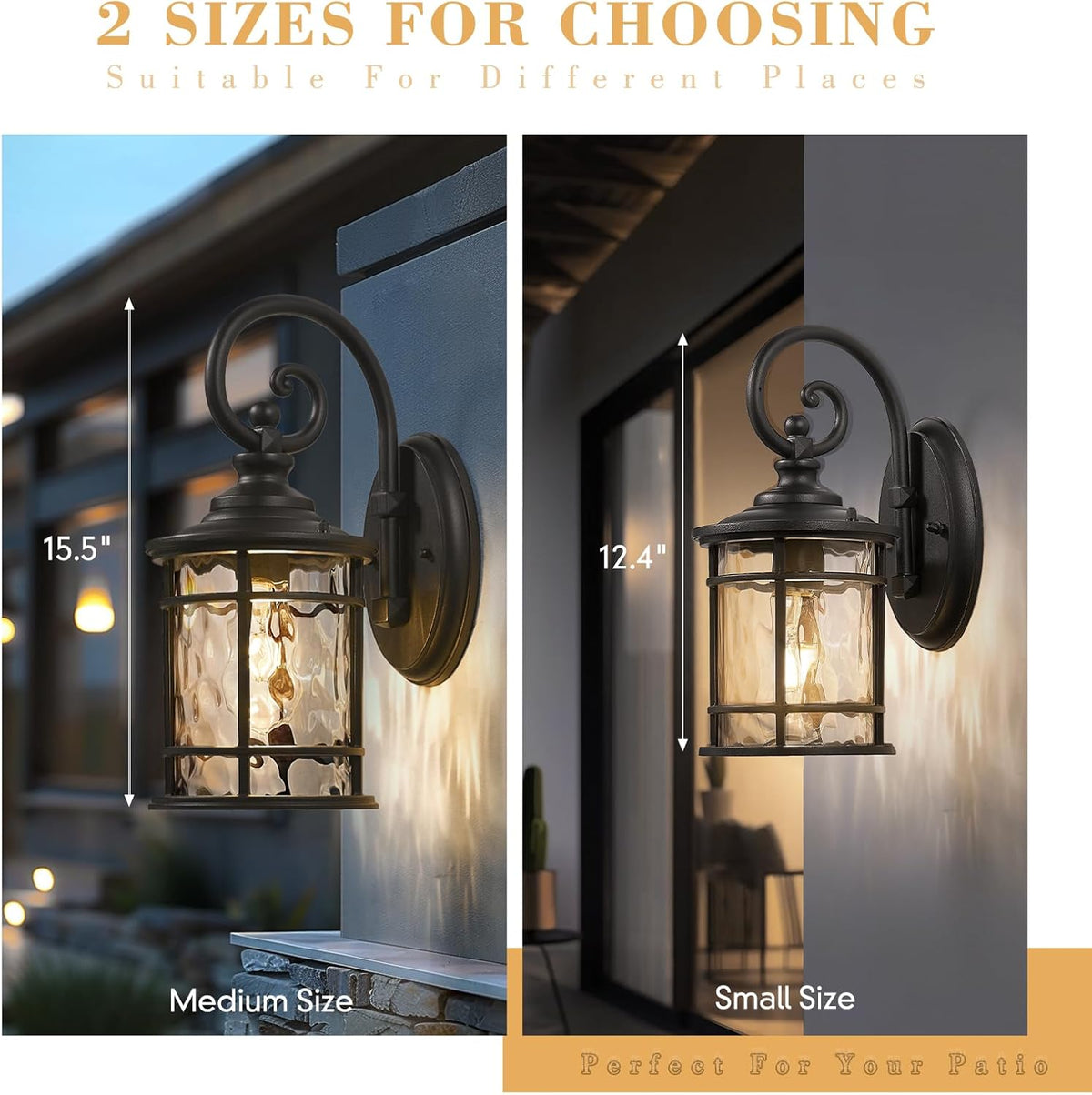 Emliviar Outdoor Lights for House, Outdoor Sconce Lights with Water Ripple Glass in Black Finish, XE229BWG-S BK