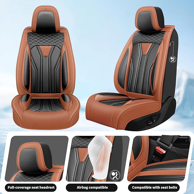 Fit Versa Car Seat Covers Compatible with Nissan Versa 2008-2025 2026 - Full Set Premium Leather， Waterproof Breathable， All-Weather Seat Cushion Protecto&Airbag Compatible（Brown & Black