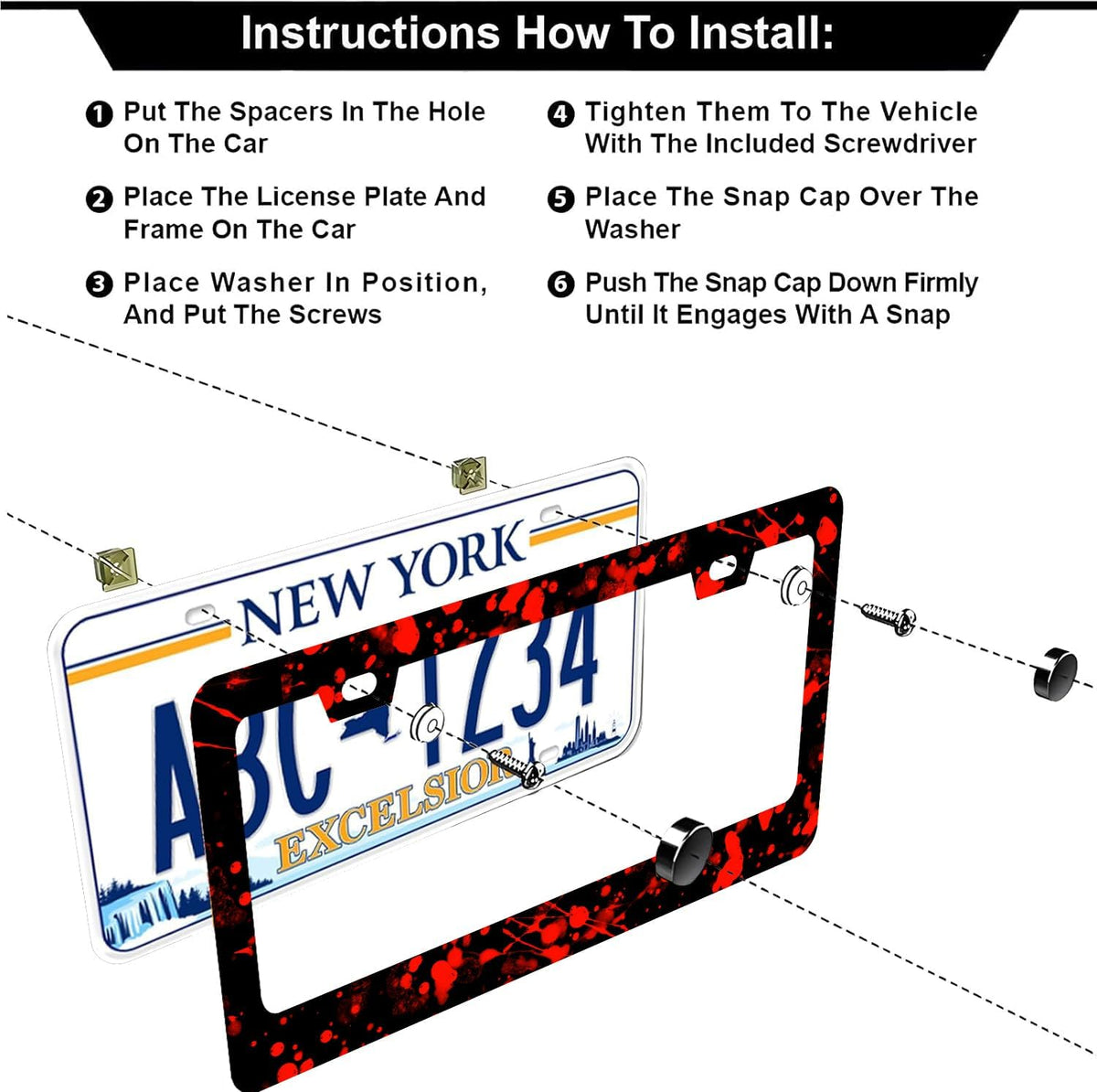 Blood Splattered Red Black License Plate Frames - 2 Pcs Set 2 Holes Stainless Steel Metal Auto Car Accessories Decoration License Plate Frame Cover Size 6.3" x 12.2" Fit US Vehicles for Women Men Gift