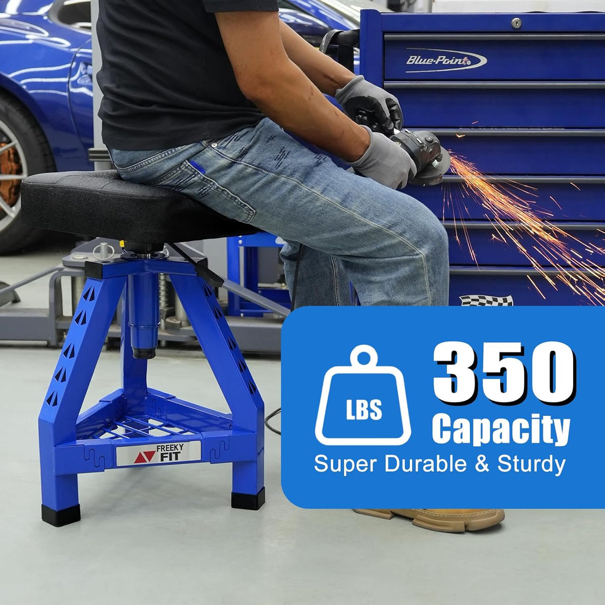 Adjustable Shop Stool,Garage Mechanic Stool Chair,Work Seat for Workshop, Adjustable Height, 360° Swivel Padded Square Seat,Tool Storage, 350 LBS Capacity, Heavy Duty, Blue