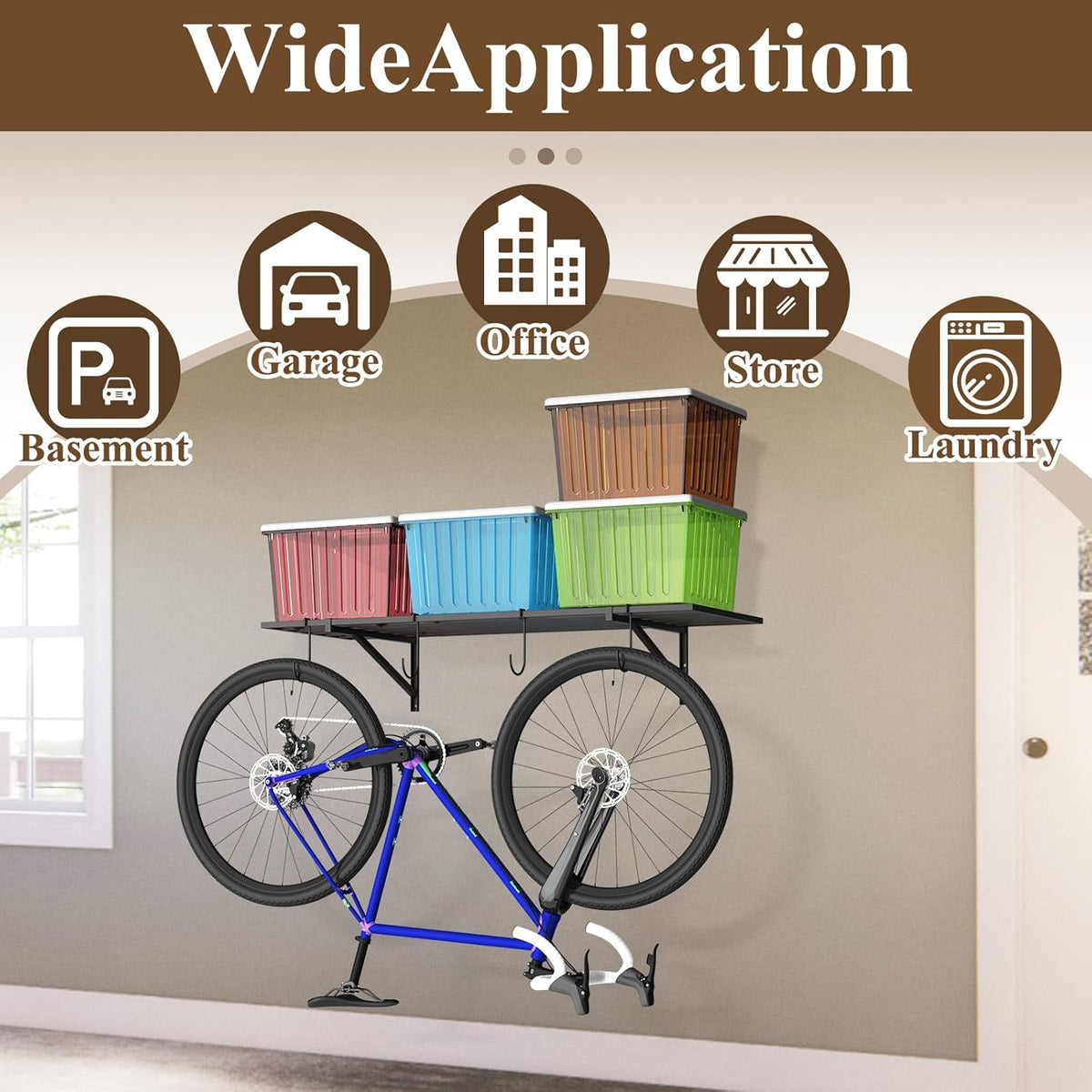 PEKGRIL Garage Wall Shelving Set of 2, 1.5X4 ft Garage Wall Shelves with 8 Hooks, Heavy Duty Wall Mounted Storage Shelf, Loads 260 lbs Each Metal Wall Shelf, Black