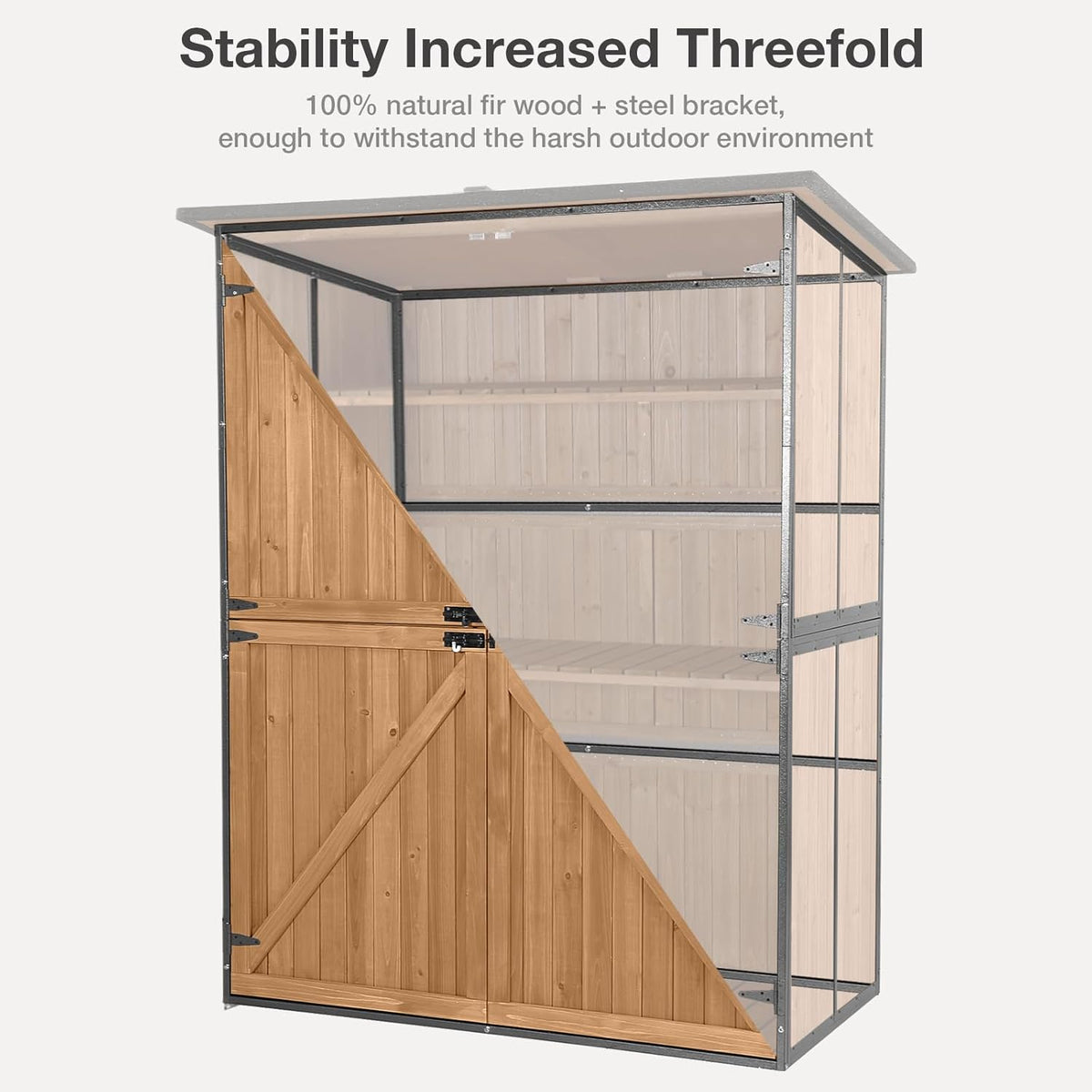 Outdoor Storage Shed with Floor - Waterproof Natural Fir Cabinet with Adjustable Shelves and Double Lock for Anti-Theft - Suitable for Storing Garden Tools, and Household Debris (Brown)