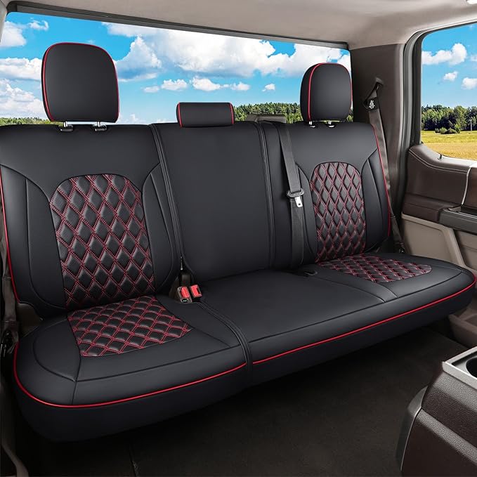 Huidasource Tacoma Back Row Seat Covers, Split Rear Bench Leather Seat Cover Fit for 3rd Gen Toyota Tacoma 2016-2023 Double & Crew Cab SR SR5 Limited TRD Sport/Pro/Off Road (Back Row/Black&Red)