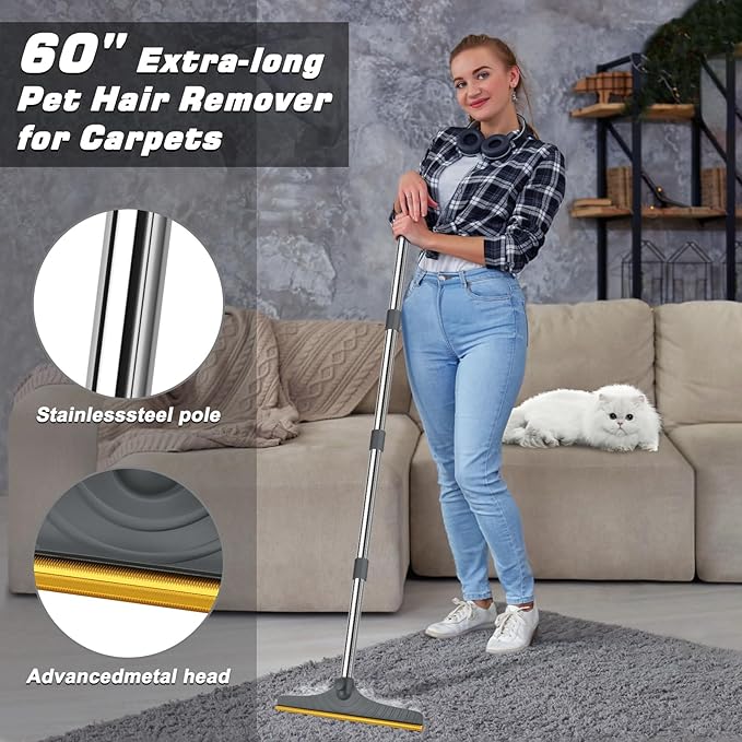 B-Land Carpet Rake for Pet Hair Removal, Reusable Pet Hair Remover with 60” Adjustable Long Handle, Carpet Scraper Dog Cat Hair Remover Tool for Rugs, Mats, Couch, Furniture (Grey)