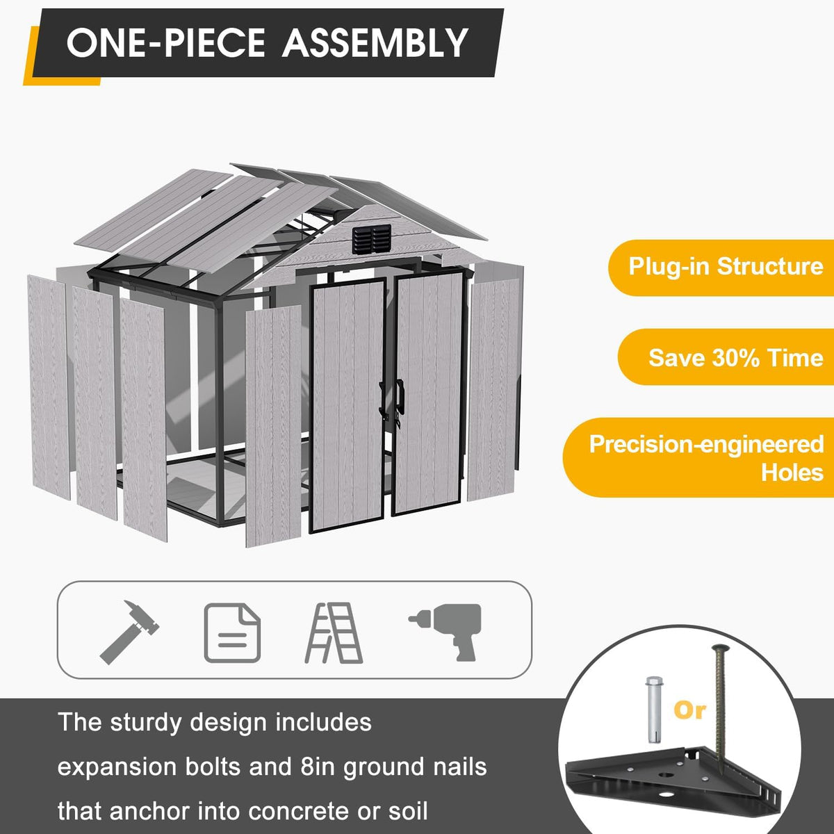 8 x 6 FT Resin Outdoor Storage Shed, All-Weather Plastic Garden Shed with Floor, Lockable Doors & Windows, Plastic Tool Shed for Poolside, Backyard, Patio
