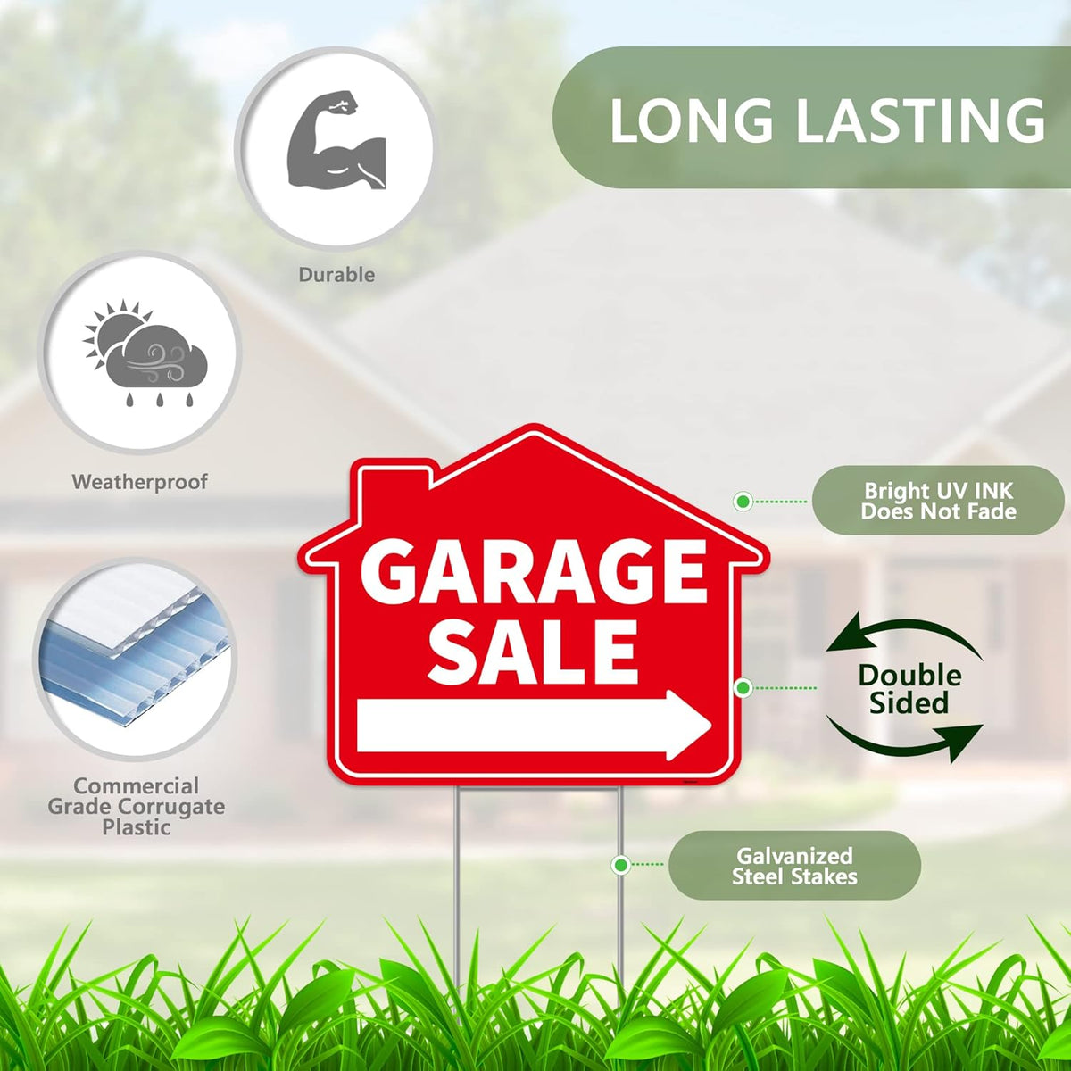 2PC Garage Sale Yard Sign with Stakes, 17 Inches by 13 Inches - Double Sided Signs - Corrugated Plastic